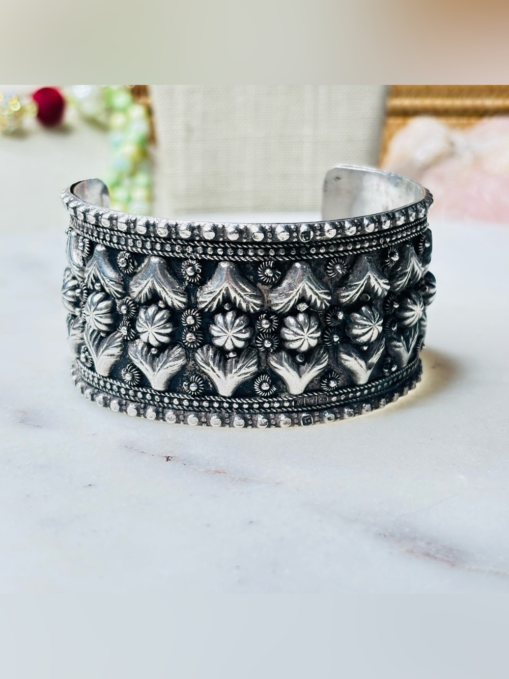 Antique Egyptian 925 Silver Bangle Wide Cuff